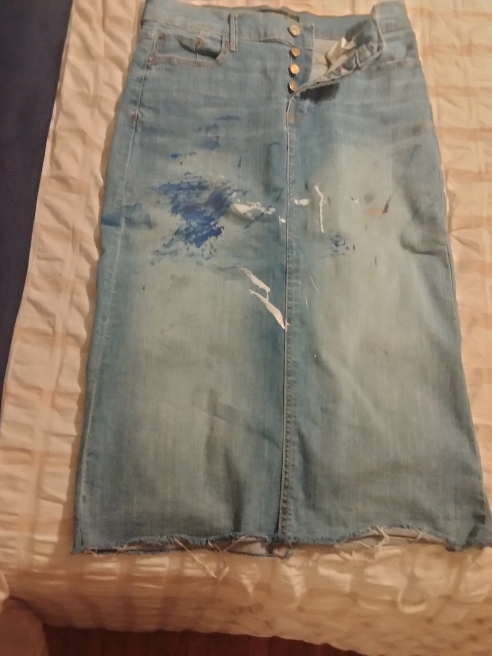 Zara Light Blue Denim Midi Skirt with Blue & White Paint Detail